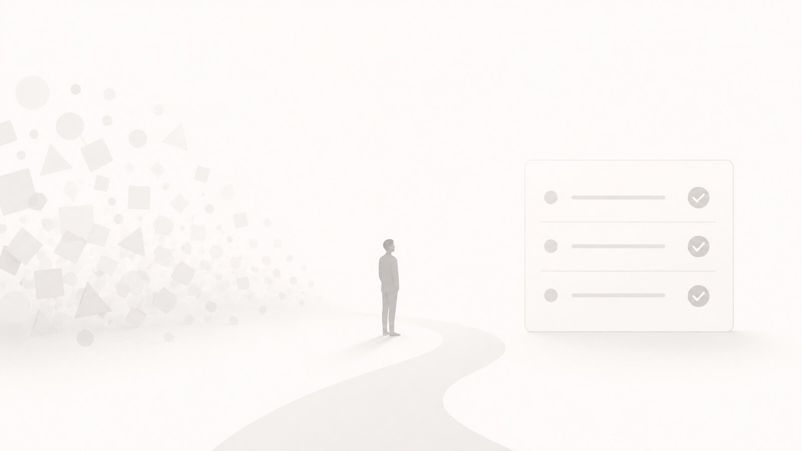 A lone figure on a winding path between a cloud of scattered shapes and a completed checklist